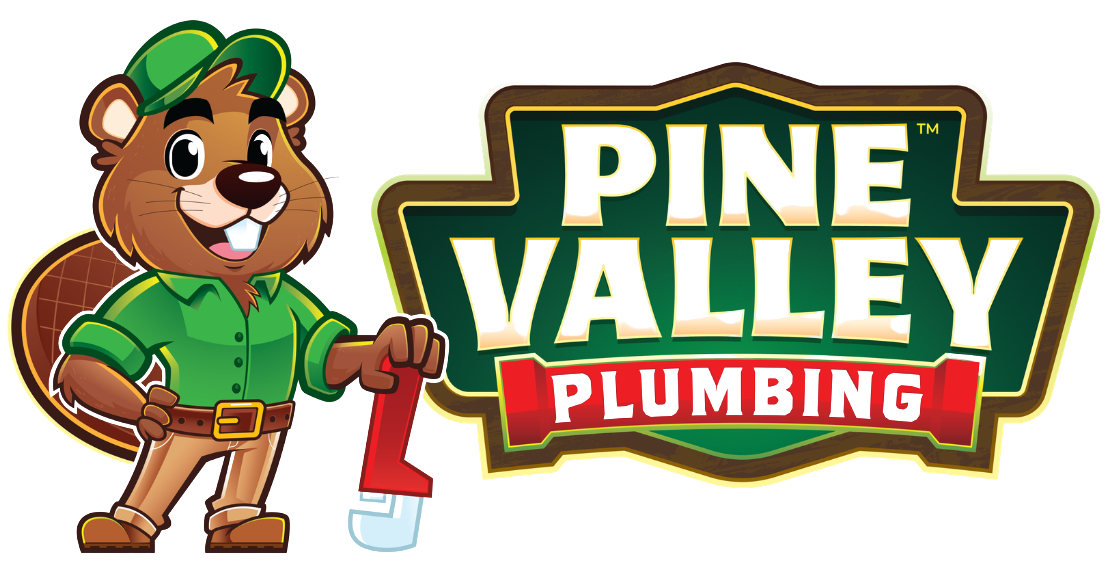 Pine Valley Plumbing logo — beaver mascot holding a pipe wrench